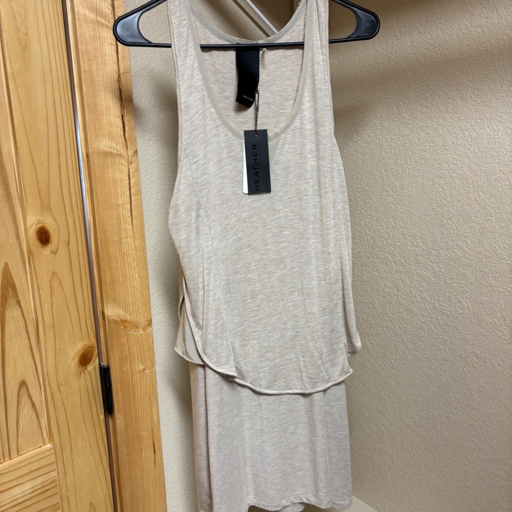 HEATHER by Bordeaux Layered Silk trim mini Dress oatmeal almond M Size medium